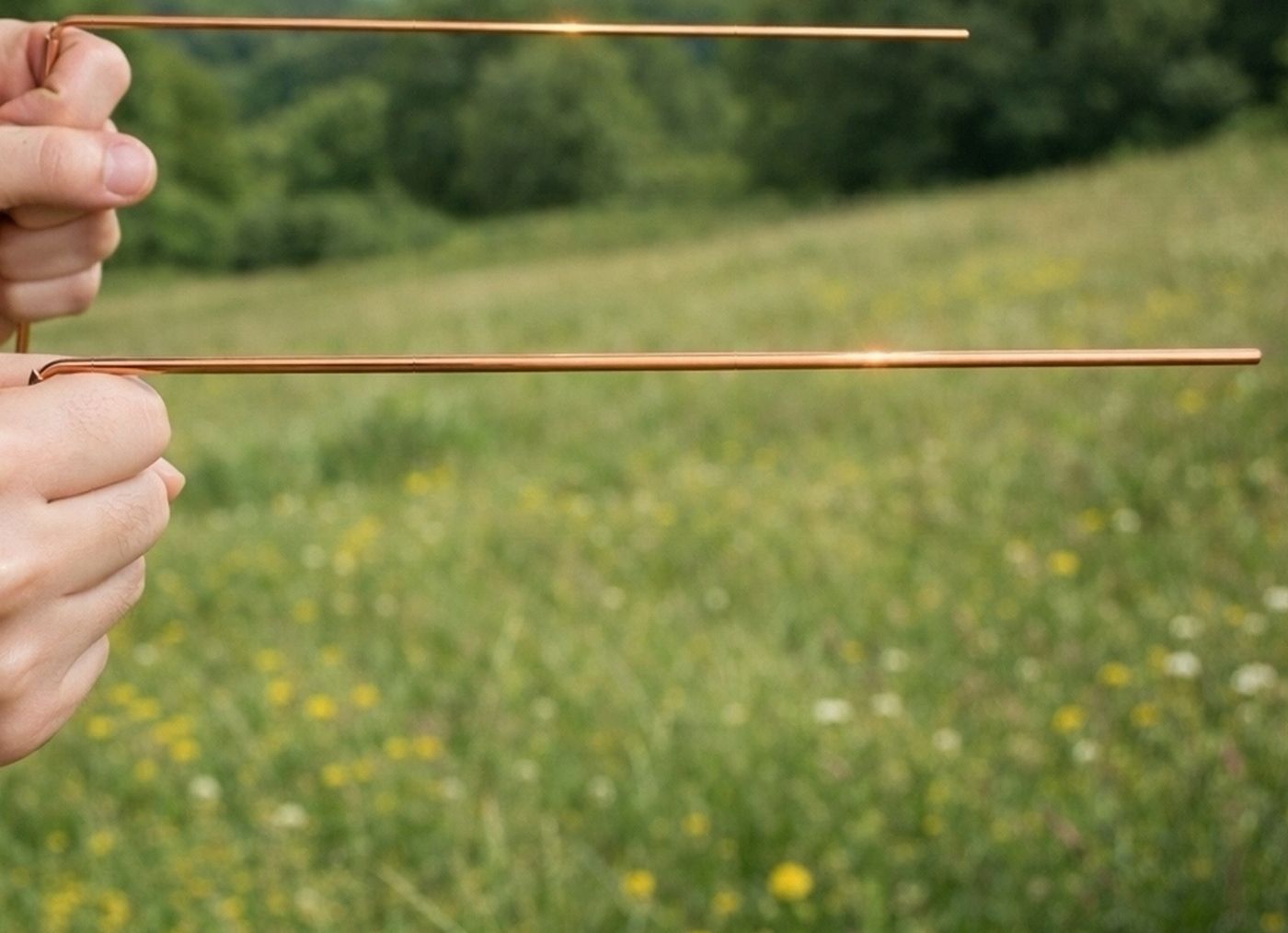A green meadow with the tips of copper dowsing rods in view