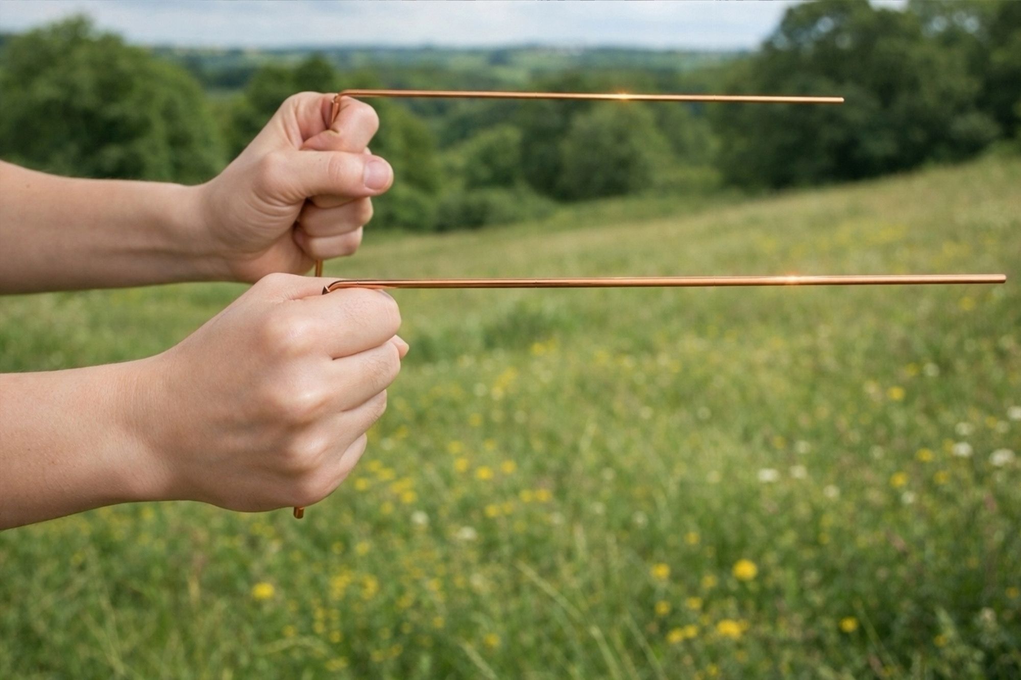 Hands holding a pair of copper dowsing rods parallel over a green meadow