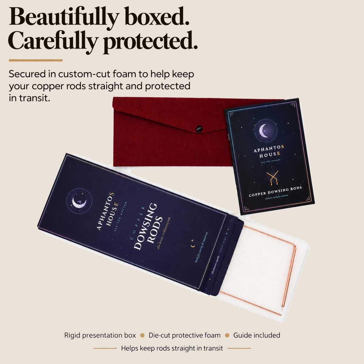 The rigid presentation box with die-cut foam and burgundy felt wallet