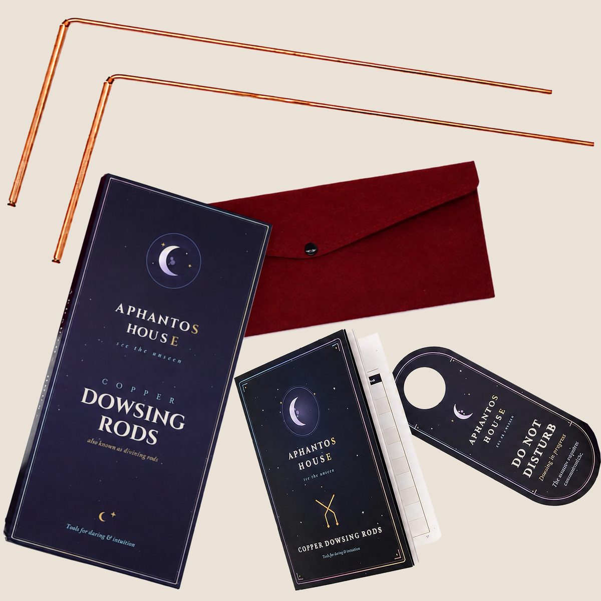 The complete kit: copper rods, presentation box, burgundy felt wallet, guide and door hanger